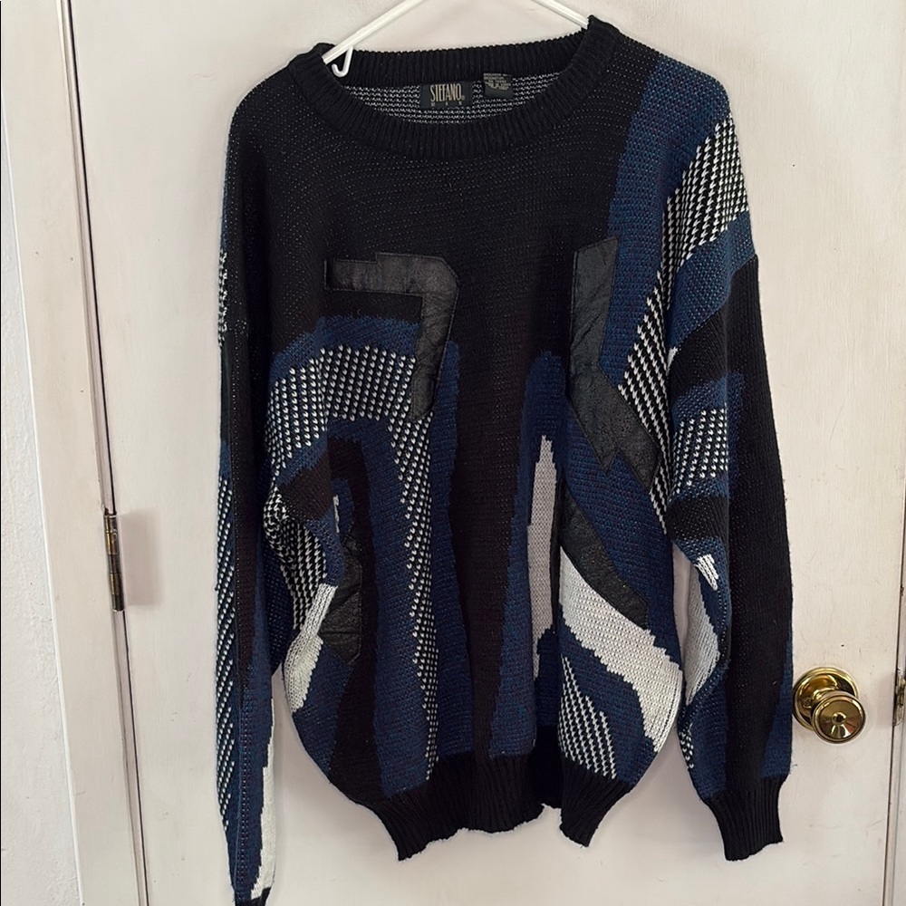 Vintage Stefano Man black blue white crewneck sweater faux leather Size XL
